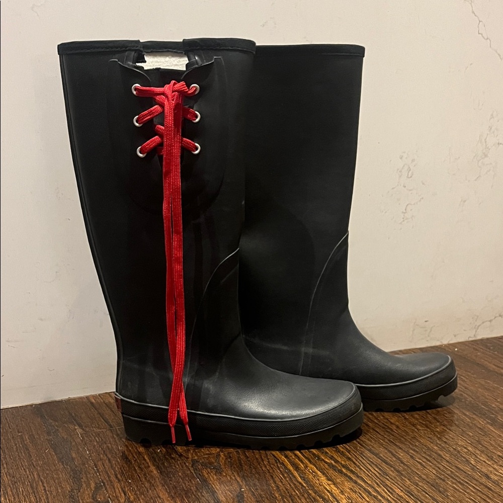 Black Rain Boots with Red Laces